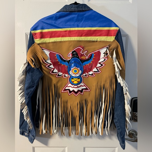 Thunderbird Print Jean Jacket Vegan Leather Fringe Colorful Eagle Western Boho - Picture 9 of 15